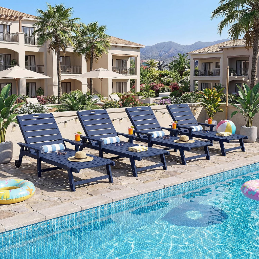 Outdoor Lounge Chair Set of 2 with 5-Position Adjustable, Outside Lounge Chair with Cup Holder, Wheels for Easy Mobility, HDPE Tanning Chair for Poolside, Patio, Blue