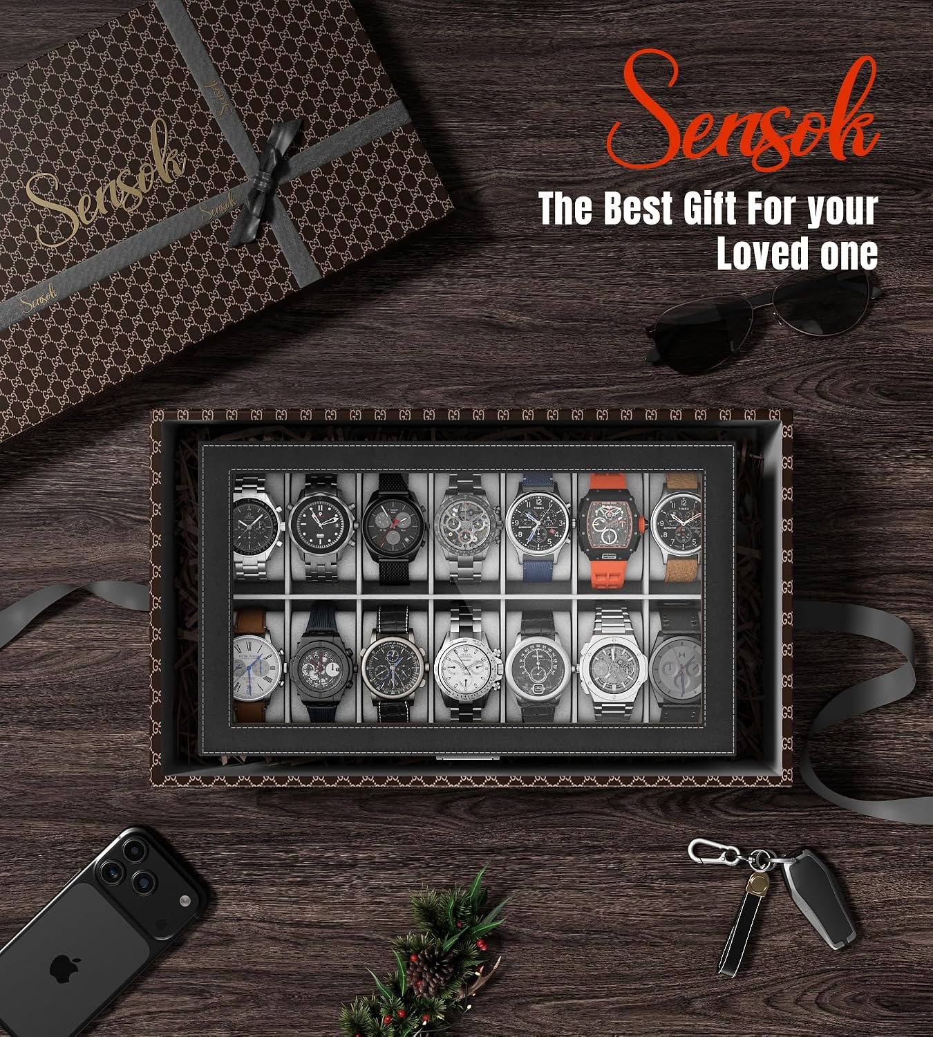 Watch Case Box for Men - 14 Slots Watch Display Organizer with Glass Lid, Double Layer PU Leather Jewelry Storage with Drawer, Gift for Husband Boyfriend Dad, Black