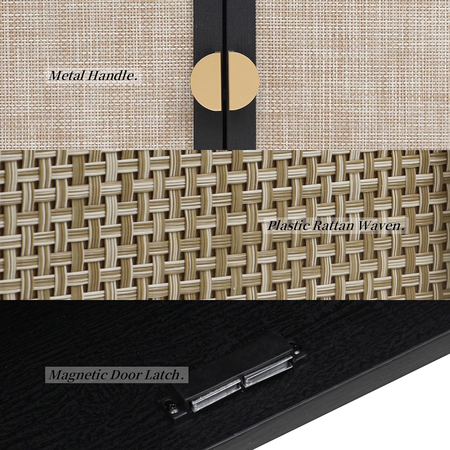 Modern Rattan Storage Sideboard Cabinet, Black Wood Buffet with Magnetic Latch, Adjustable Shelf. [2Pcs, Black]