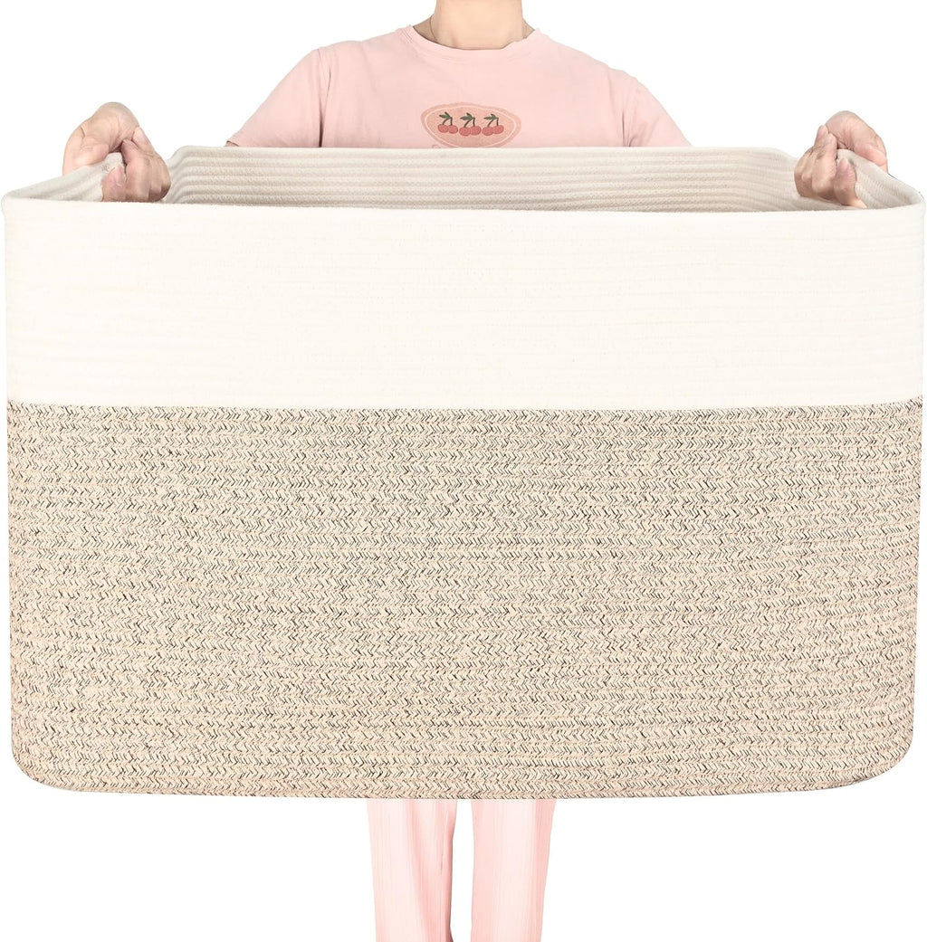 MINTWOOD Design 112L Extra Large Blanket Basket Holder Living Room, 25"x17"x16" Rectangle Rope Woven Storage Basket with Handles for Laundry, Pool Towels, Shoes, Dog Toy Organizer Bin Box, Light Brown