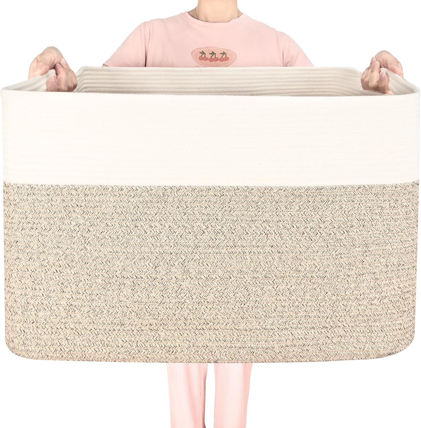 MINTWOOD Design 112L Extra Large Blanket Basket Holder Living Room, 25"x17"x16" Rectangle Rope Woven Storage Basket with Handles for Laundry, Pool Towels, Shoes, Dog Toy Organizer Bin Box, Light Brown