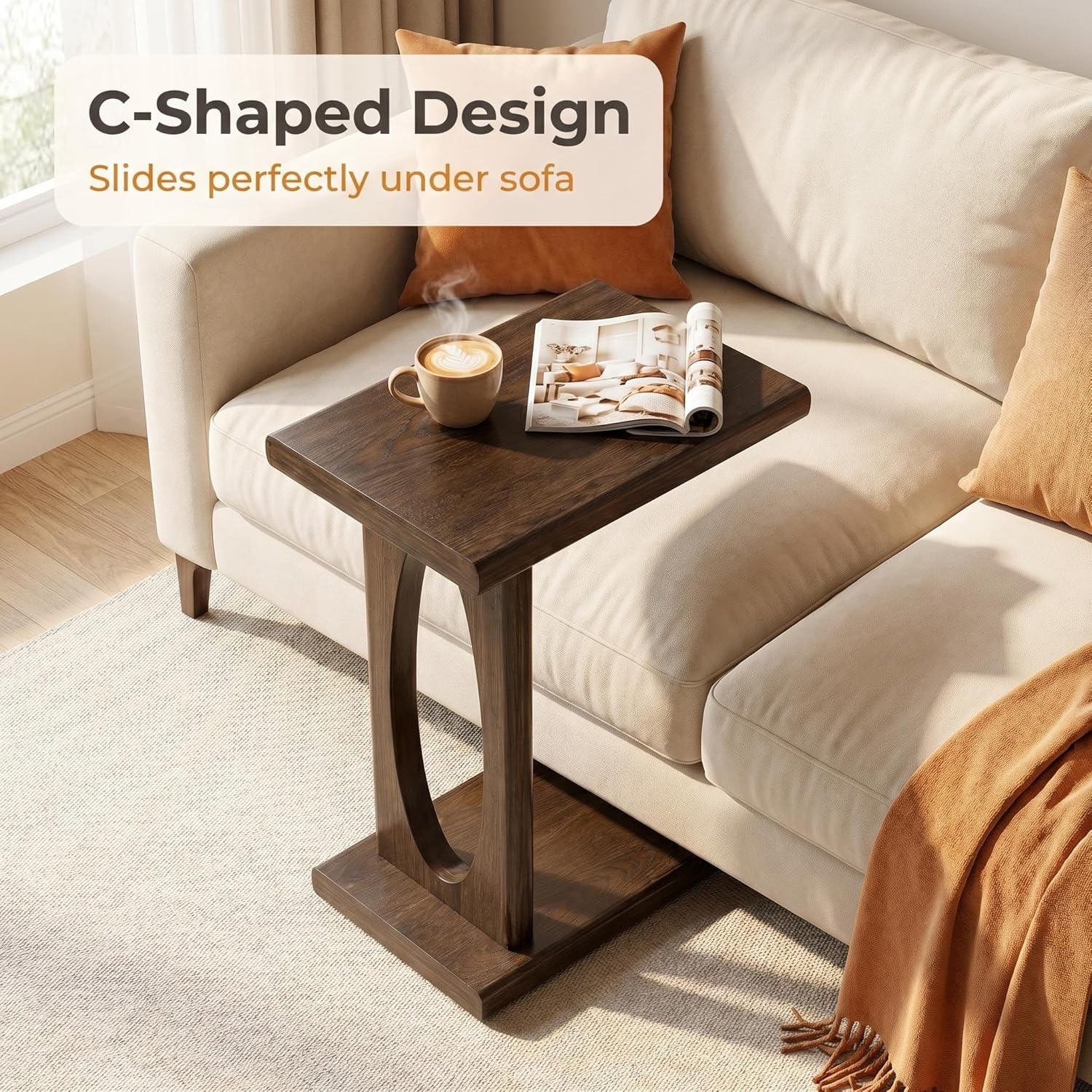 COZAYH Rustic C Shaped Side Table, Small Snack Sofa Side Table with Wood Frame for Living Room, Bedroom, Easy Assembly, Warm Brown Wood Color