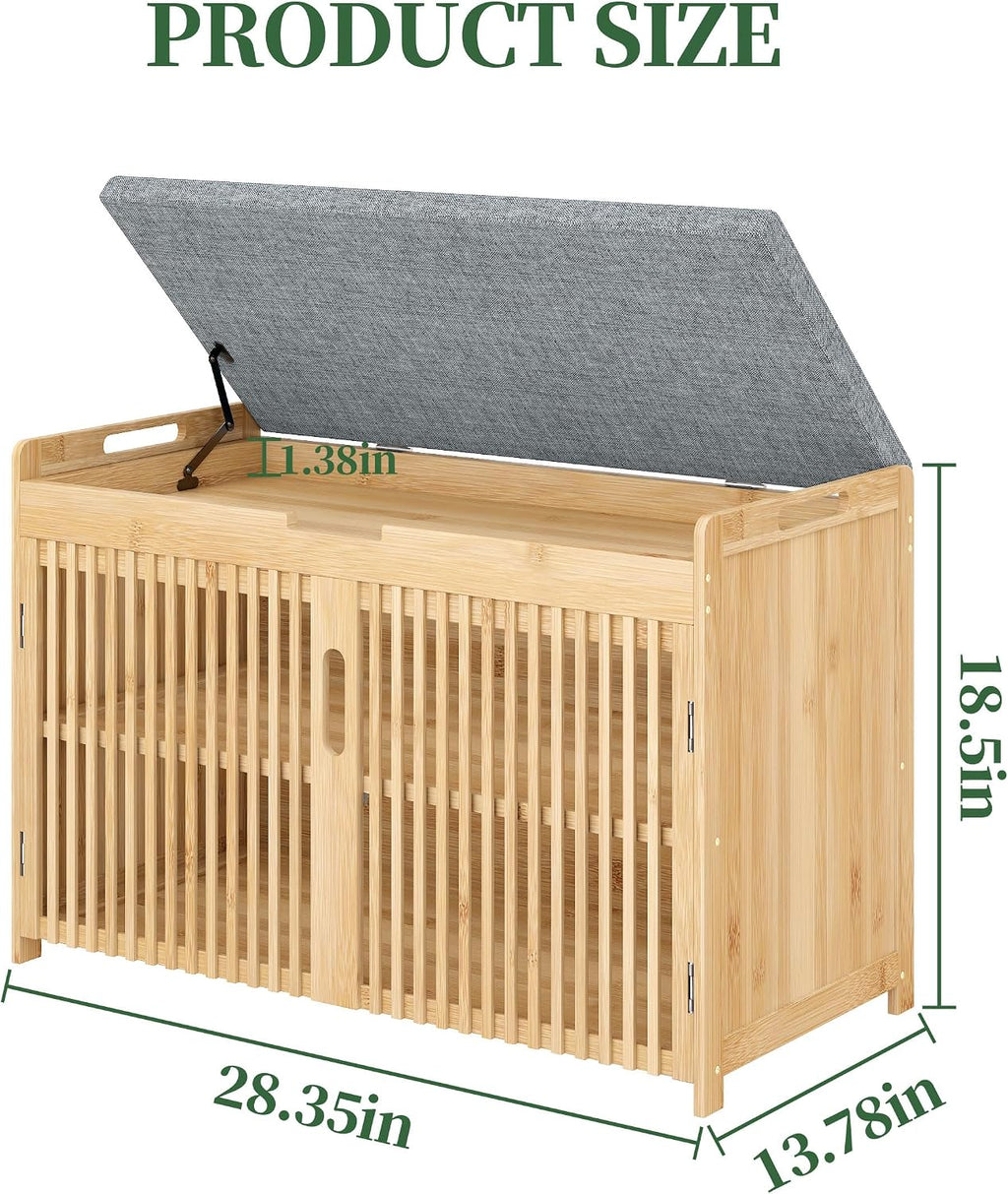 APRTAT Bamboo Shoe Storage Bench with Padded Cushion, 3-Tier Shoe Rack Organizer with 2 Ventilated Grille Doors for Entryway, Bedroom, Bathroom (Nature, Large)