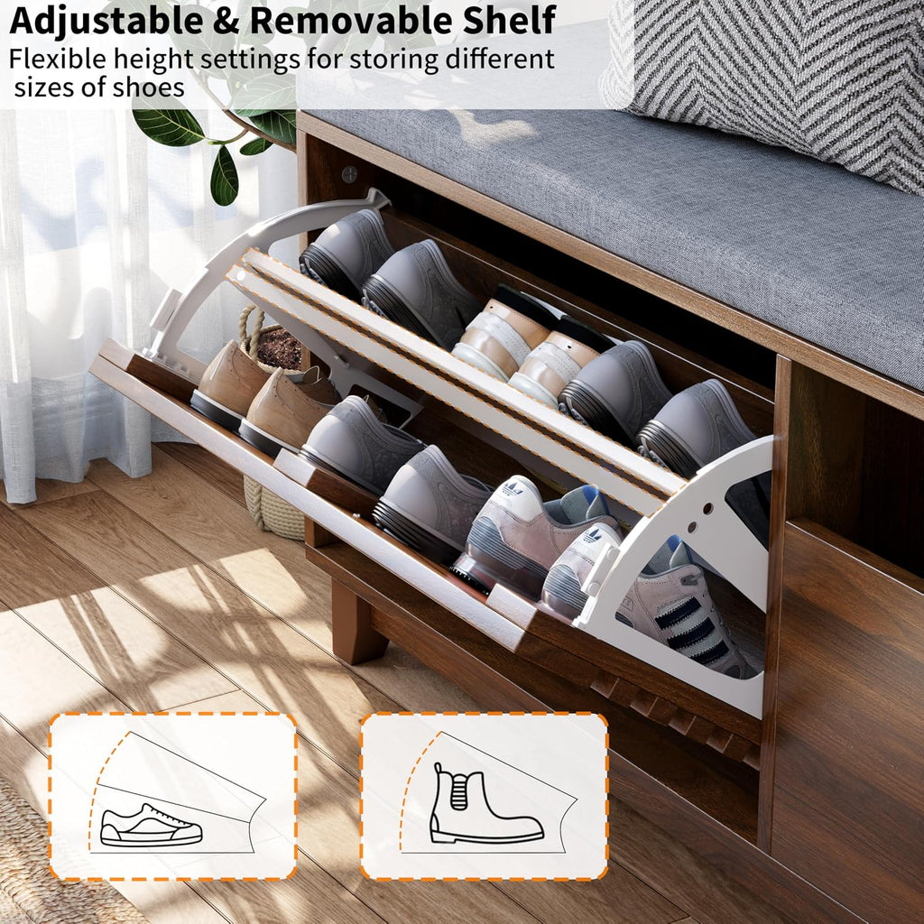 Loomie 47.2" Shoe Storage Bench with Flip Drawer, 2-Tier Entryway Bench with Padded Seat Cushion & 2 Pull-out Shelves & Semi-open storage, Shoe Rack Bench with Side Holder for Hallway,Bedroom (Walnut)