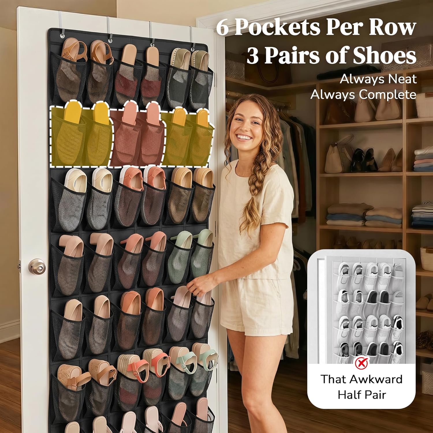 48 Pockets Over the Door Shoe Organizer, Large Mesh Hanging Shoe Rack, 6-Column Heavy Duty Shoe Storage for Sneakers and Heels, Behind Door Holder for Entryway Bedroom Dorm College, Black