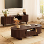 55.1" Oval Coffee Tables with Storage,Fluted Mid Century Modern Center Table with Drawer,Accent Coffee Table with Sliding Door for Living Room Small Space (Walnut)
