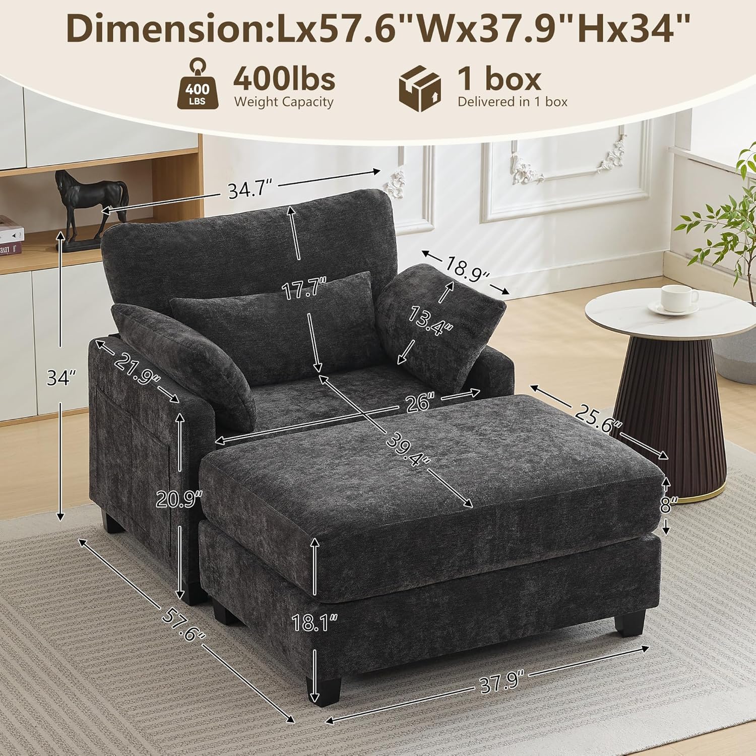 WUTUTUEE 57.5" Oversized Chaise Lounge with Ottoman Indoor, Grey Reading Chair with Ottoman & Sofa Bed, Chenille Upholstered Comfy Sleeper Chair for Living Room, Bedroom, Office