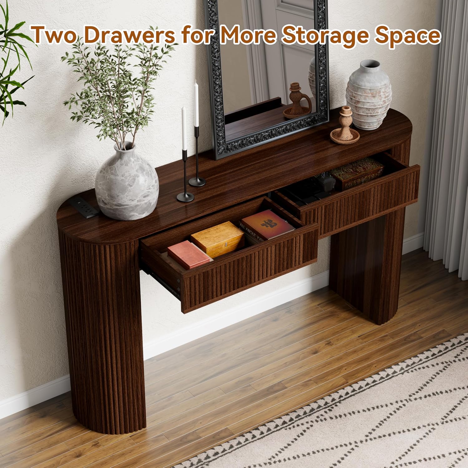 55" Fluted Console Table with 2 Drawers & LED Lights,Entryway Tables with Charging Station,Narrow Sofa Table Behind Couch,Mid-Century Modern Foyer Table for Entryway, Hallway, Living Room(Walnut)