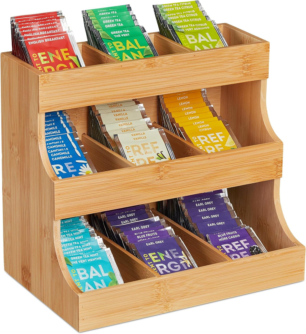 Relaxdays Tea Organiser, 9 Compartments, Bamboo, HxWxD: 24 x 27 x 17.5 cm, Bags & Coffee Pads, Storage Rack, Natural