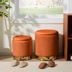 Royal Windsor Round Ottoman with Storage Set of 2, Vanity Stool with Storage for Bedroom, Ottoman Coffee Table Gold-Tone Ring Around the Base, Small Velvet Foot Stool for Living Room, Orange