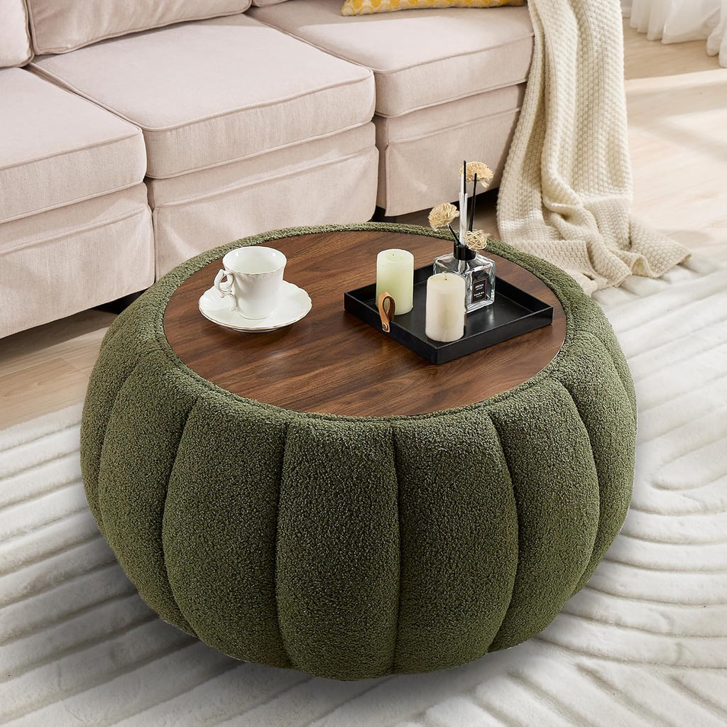 YDcosyfy 30 Inches Round Ottoman Coffee Table with Storage, Upholstered Ottoman in Boucle Teddy Fabric, Wooden Top with Tray, Soft Pumpkin Shape Design,for Living Room, Bedroom, Lounge, Green