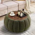 YDcosyfy 30 Inches Round Ottoman Coffee Table with Storage, Upholstered Ottoman in Boucle Teddy Fabric, Wooden Top with Tray, Soft Pumpkin Shape Design,for Living Room, Bedroom, Lounge, Green