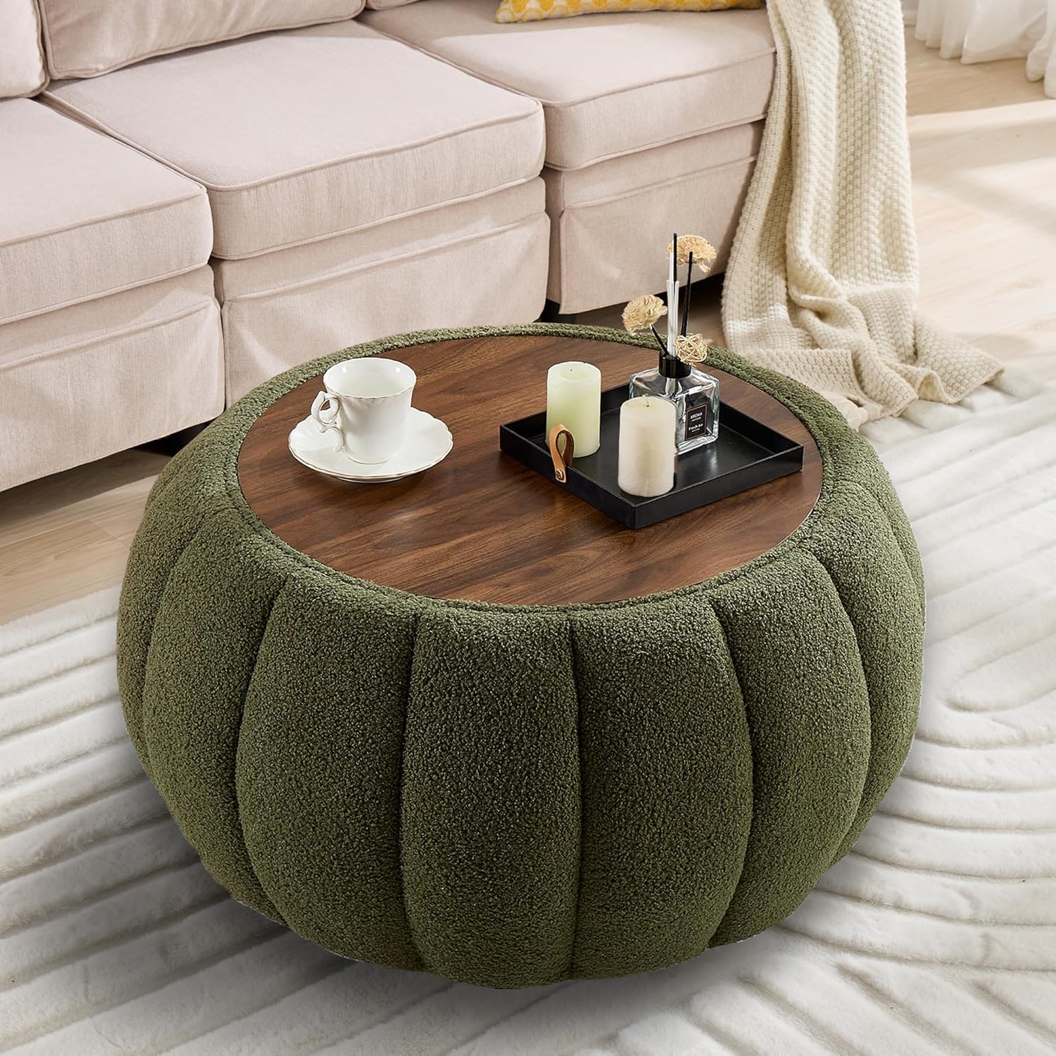 YDcosyfy 30 Inches Round Ottoman Coffee Table with Storage, Upholstered Ottoman in Boucle Teddy Fabric, Wooden Top with Tray, Soft Pumpkin Shape Design,for Living Room, Bedroom, Lounge, Green