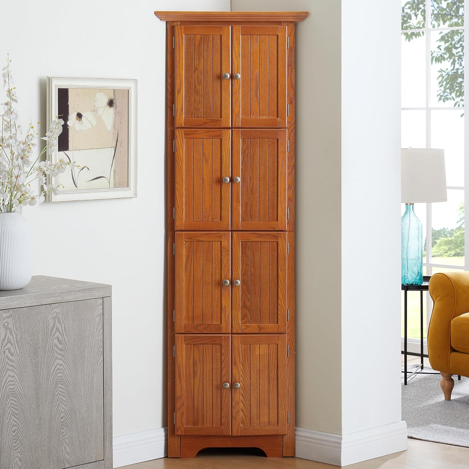 4-Tier Corner Kitchen Pantry Storage Cabinet with Shelves, 72" Tall Kitchen Storage Cabinets with 8 Doors, Narrow Pantry Cabinet with Space Saving, Storage Floor Cabinet for Place (Oak)