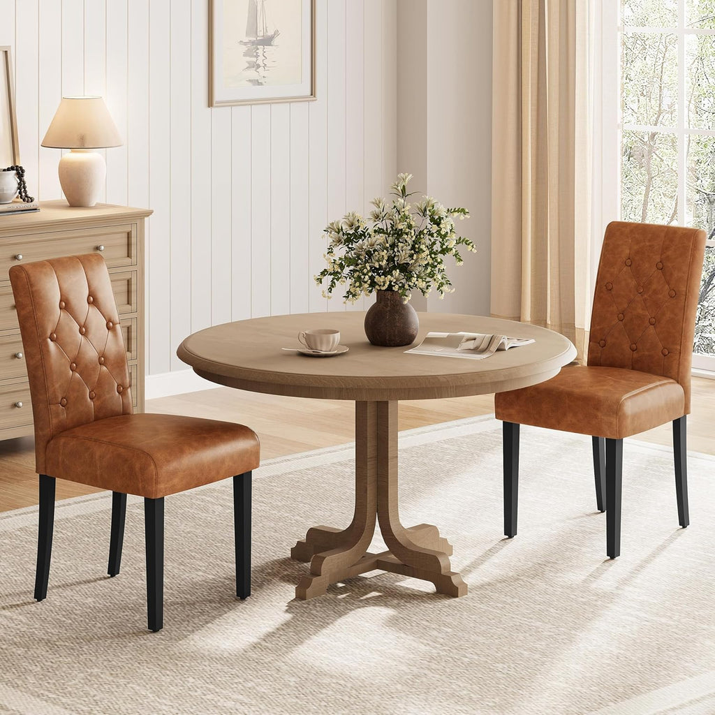 Yaheetech Upholstered Dining Chairs Set of 2 Modern Leather Parsons Kitchen Chairs with Button Tufted High Back and Solid Wood Legs and for Dining Room/Living Room/Restaurant, Retro Brown