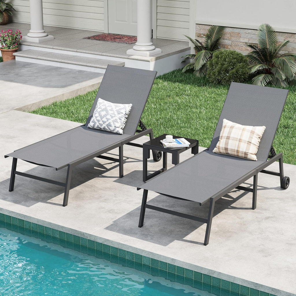 Amopatio Patio Lounge Chairs with Wheels 2 Outdoor Chaise Lounges and 1 Side Table for Poolside Adjustable Lounge Chair with Heavy-Duty Steel Frame for Backyard Poolside,400 LBS Capacity, Gray