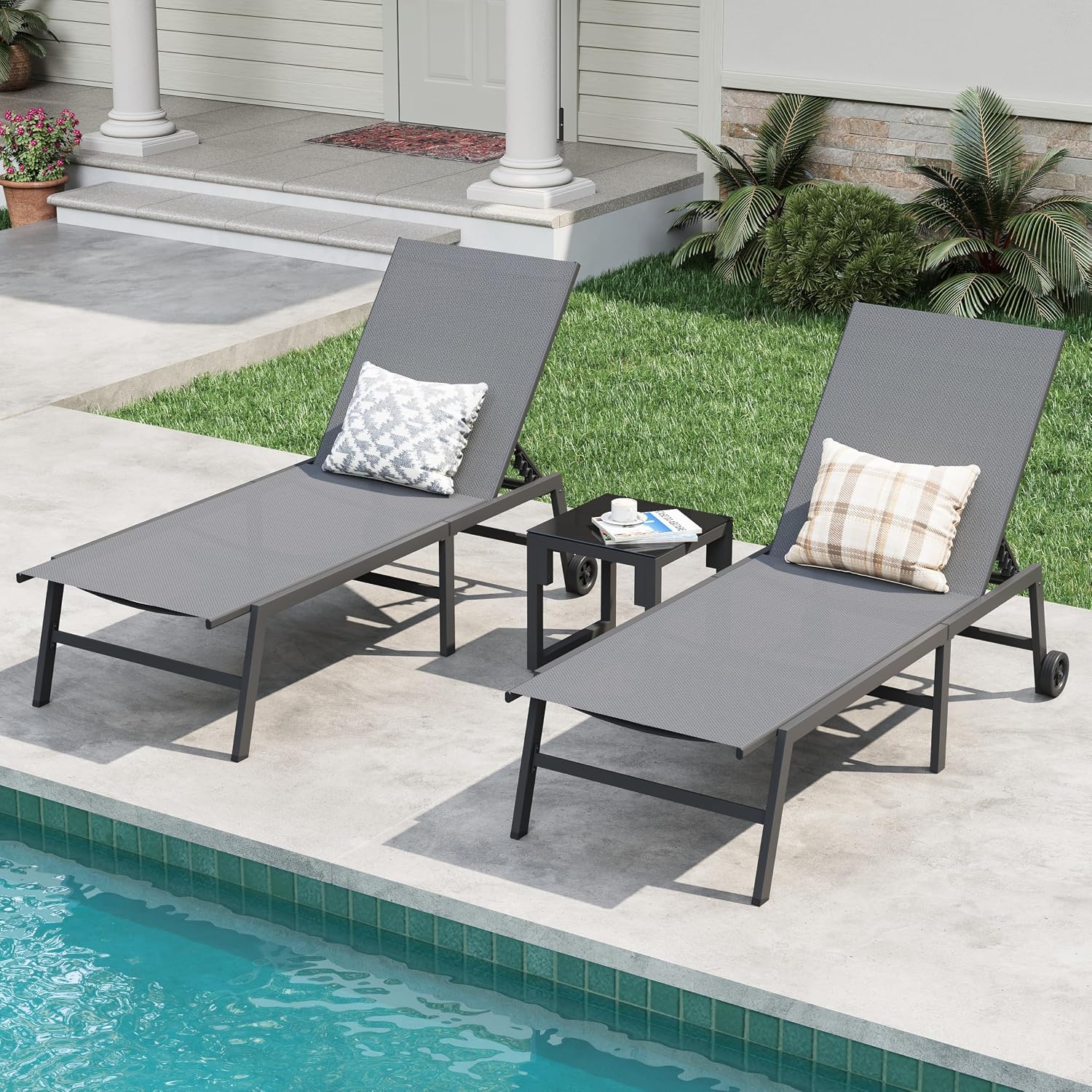 Amopatio Patio Lounge Chairs with Wheels 2 Outdoor Chaise Lounges and 1 Side Table for Poolside Adjustable Lounge Chair with Heavy-Duty Steel Frame for Backyard Poolside,400 LBS Capacity, Gray