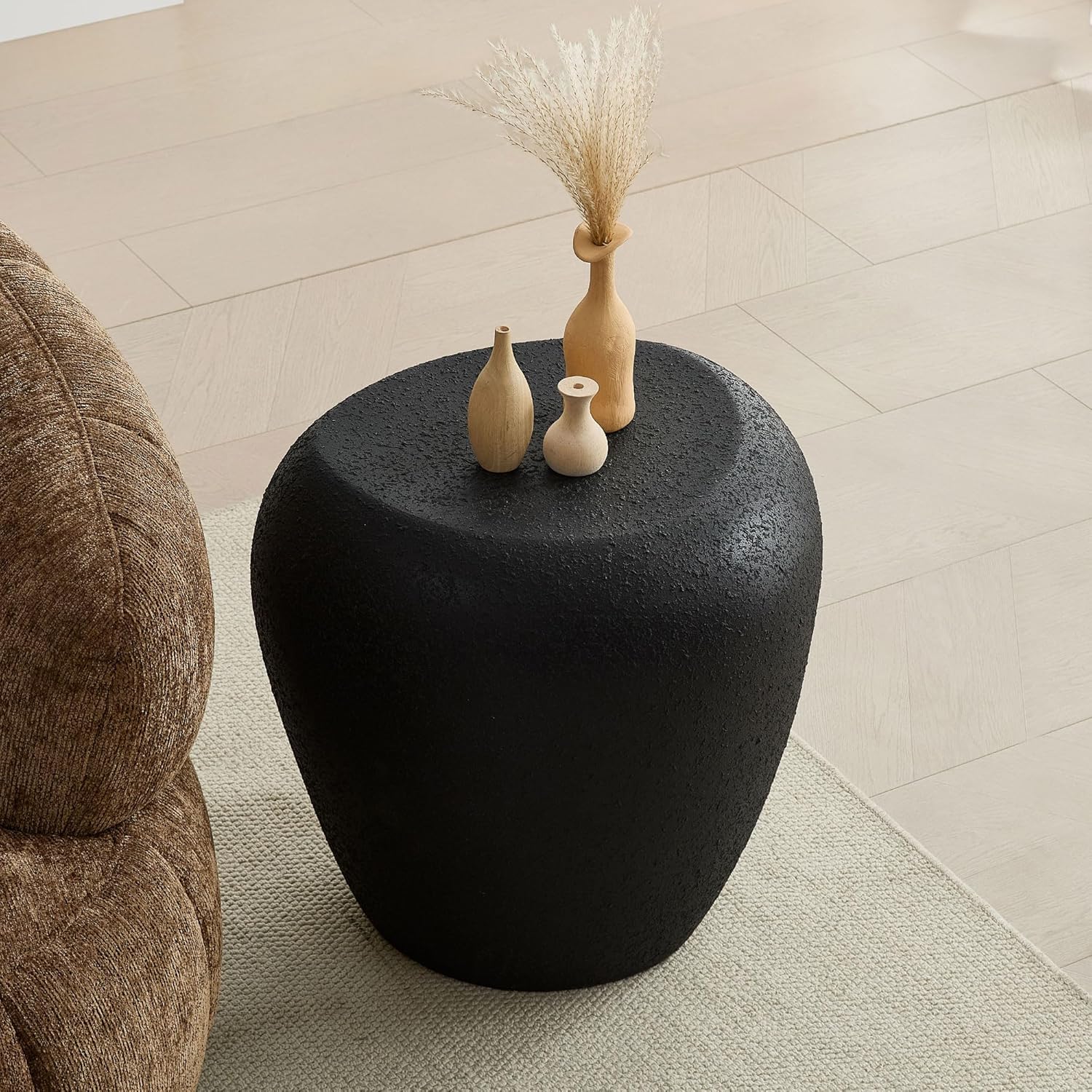 19.29" Fiberglass Irregular Side Table, Faux Rocks Matte Finish Vintage End Table, No Assembly Needed, Waterproof & Scratch-Resistant for Living Room Bedroom Office,Black