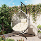 Hanging Egg Chair with Stand – 330 Lbs Capacity Patio Rattan Basket Chair, Garden Swing Hammock with Soft Removable Cushion, Indoor Outdoor for Balcony, Porch, Poolside & Bedroom, Gray+Beige