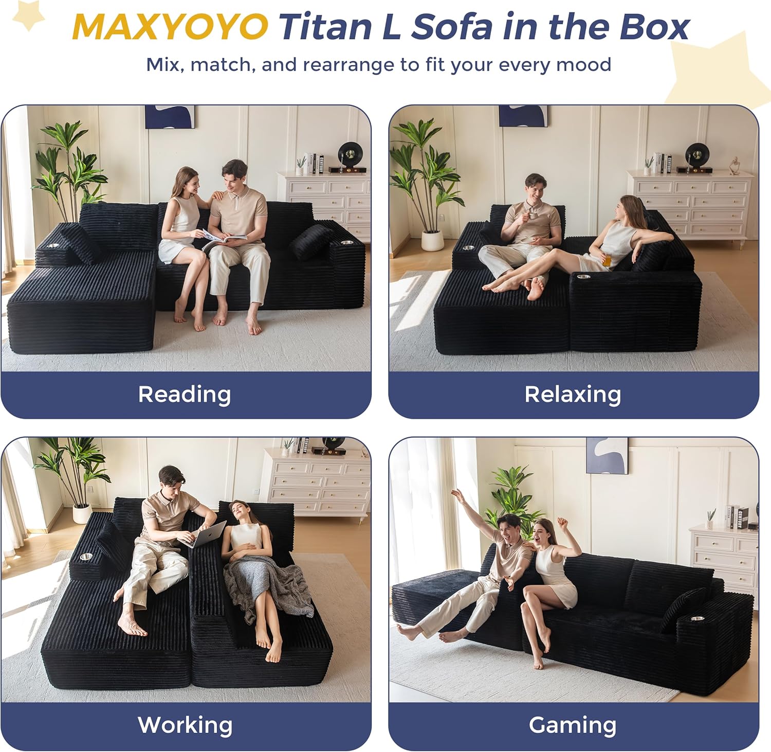MAXYOYO 104" Modular Sectional Couch with L-Shape Chaise, Modern Boneless Couch for Living Room, Sofa in A Box, Oversized Sofa with Deep Seat, No Assembly Required, Black