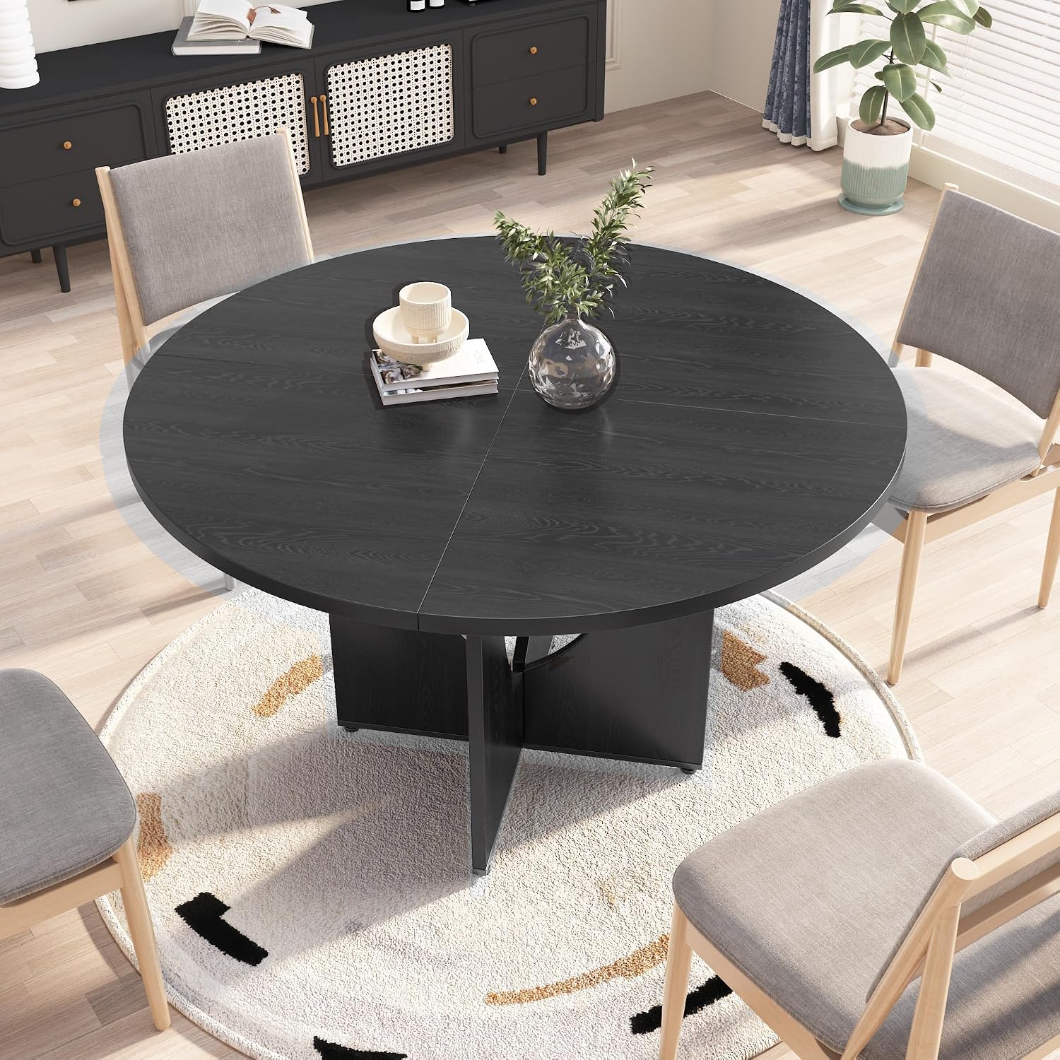 47 Inch Round Dining Table for 4-6, Modern Kitchen Table with Sturdy Wooden Pedestal Base, Dining Room Table, Circle Dining Table for Dining Room, Living Room, Cafe, Easy to Assemble - Black