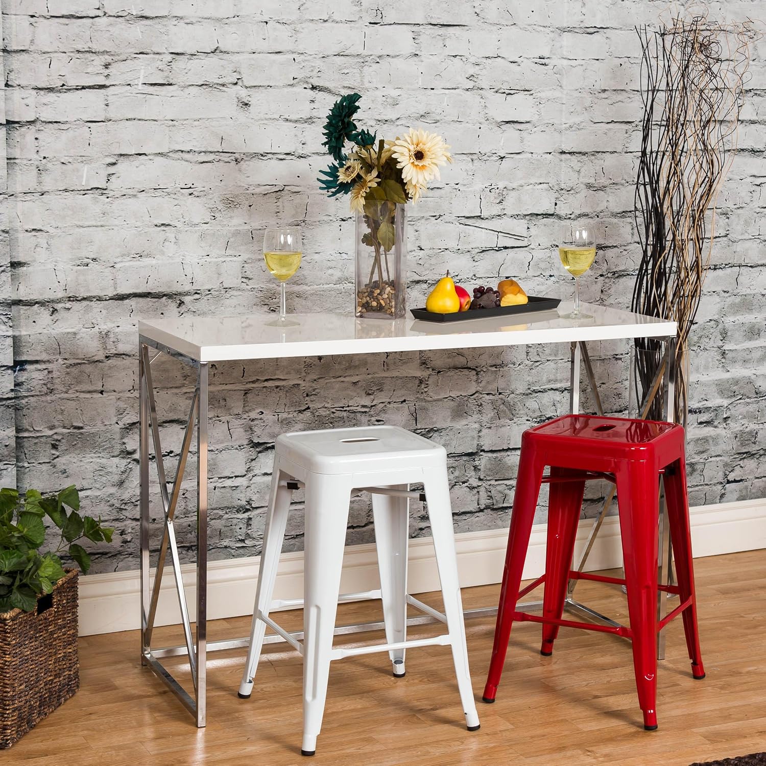 24 Inch Metal Bar Stools,Counter Height Bar Chair,Indoor Outdoor Backless Kitchen Stools Set of 4,Red