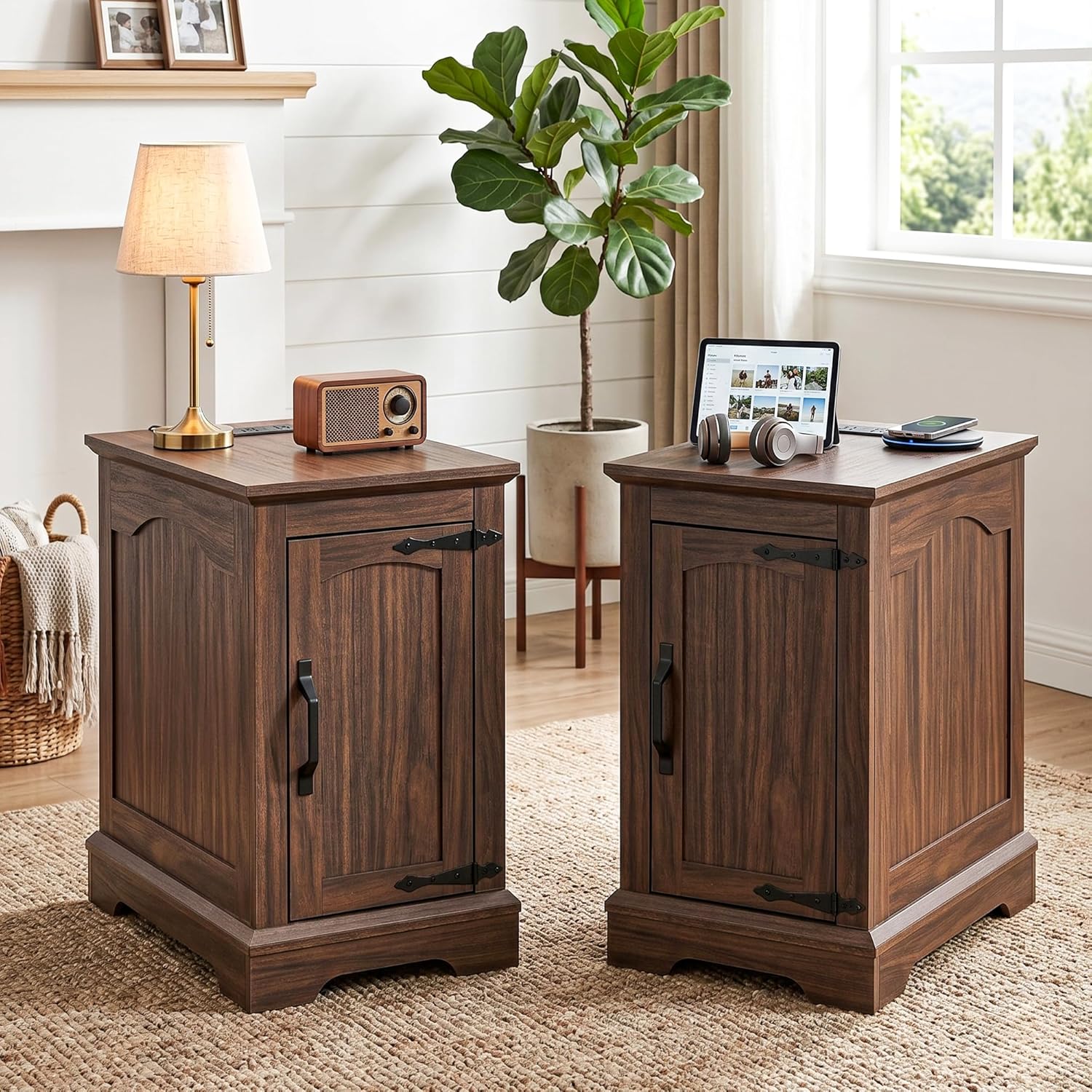 End Tables Set of 2 with Charging Station,Narrow Side Table with Storage for Sofa Couch or Bed Side, Farmhouse Nightstand with Wood Door for Bedroom Living Room(Walnut)