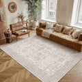 PureCozy 5x7 Living Room Area Rug Beige Washable Vintage Carpet Non Slip Low Pile Bedroom Traditional Distressed Large Throw Retro Rug for Kitchen Dining Room Home Office
