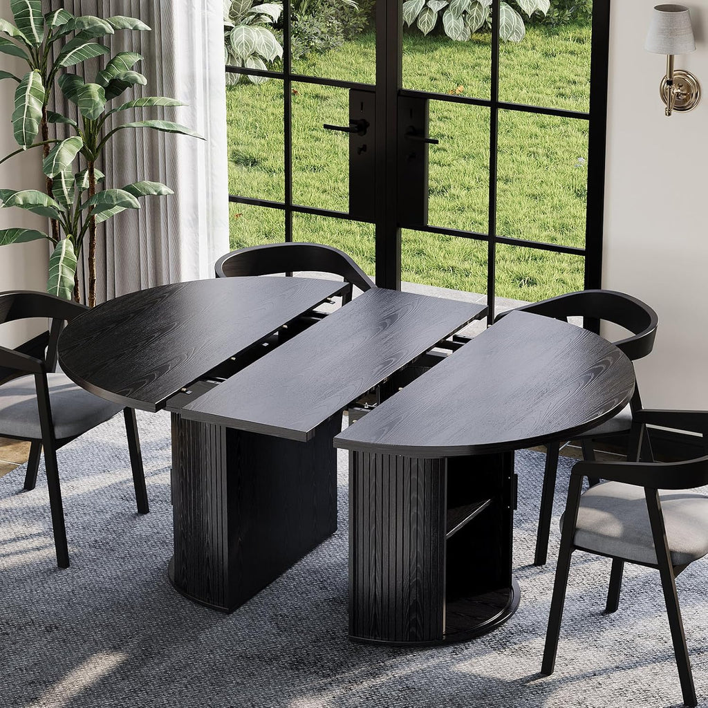 Garvee Extendable Round Dining Table with 2-Tier Storage Shelf & Drawer, 47.5 to 63 Inch Expandable Kitchen Table for 4-8 PM, Modern Farmhouse Fluted Pedestal Oval Circle Dinner Table, Black