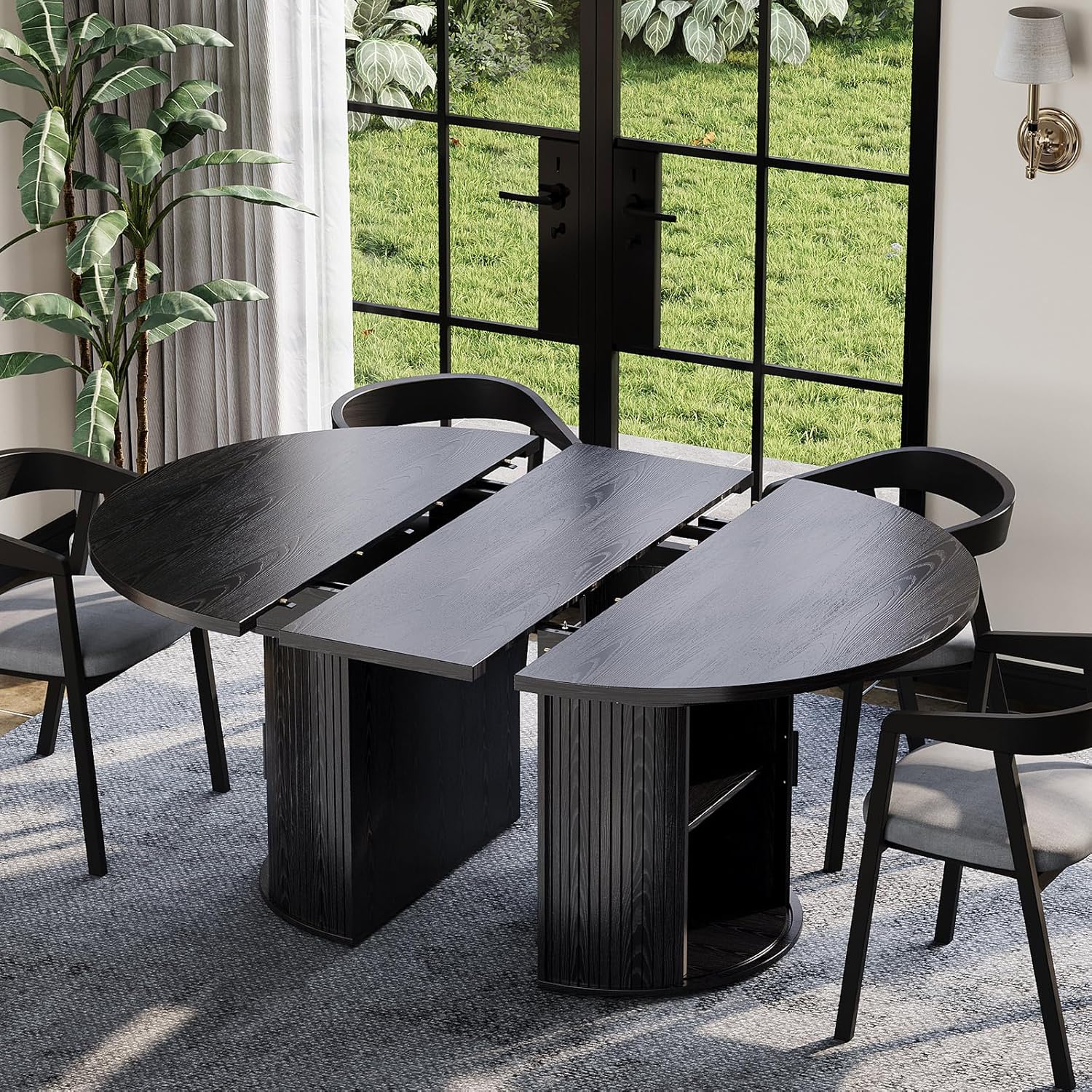 Garvee Extendable Round Dining Table with 2-Tier Storage Shelf & Drawer, 47.5 to 63 Inch Expandable Kitchen Table for 4-8 PM, Modern Farmhouse Fluted Pedestal Oval Circle Dinner Table, Black