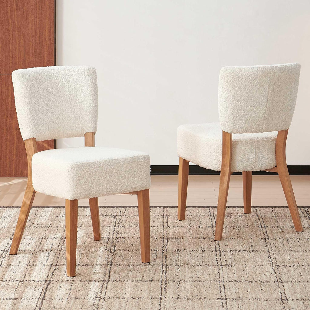 Stackable Dining Chairs Set of 2, Modern Fabric Upholstered Kitchen Side Chairs, Mid Century Modern Dining Room Chair with Oak Wood Grain Color Metal Legs for Small Spaces, White