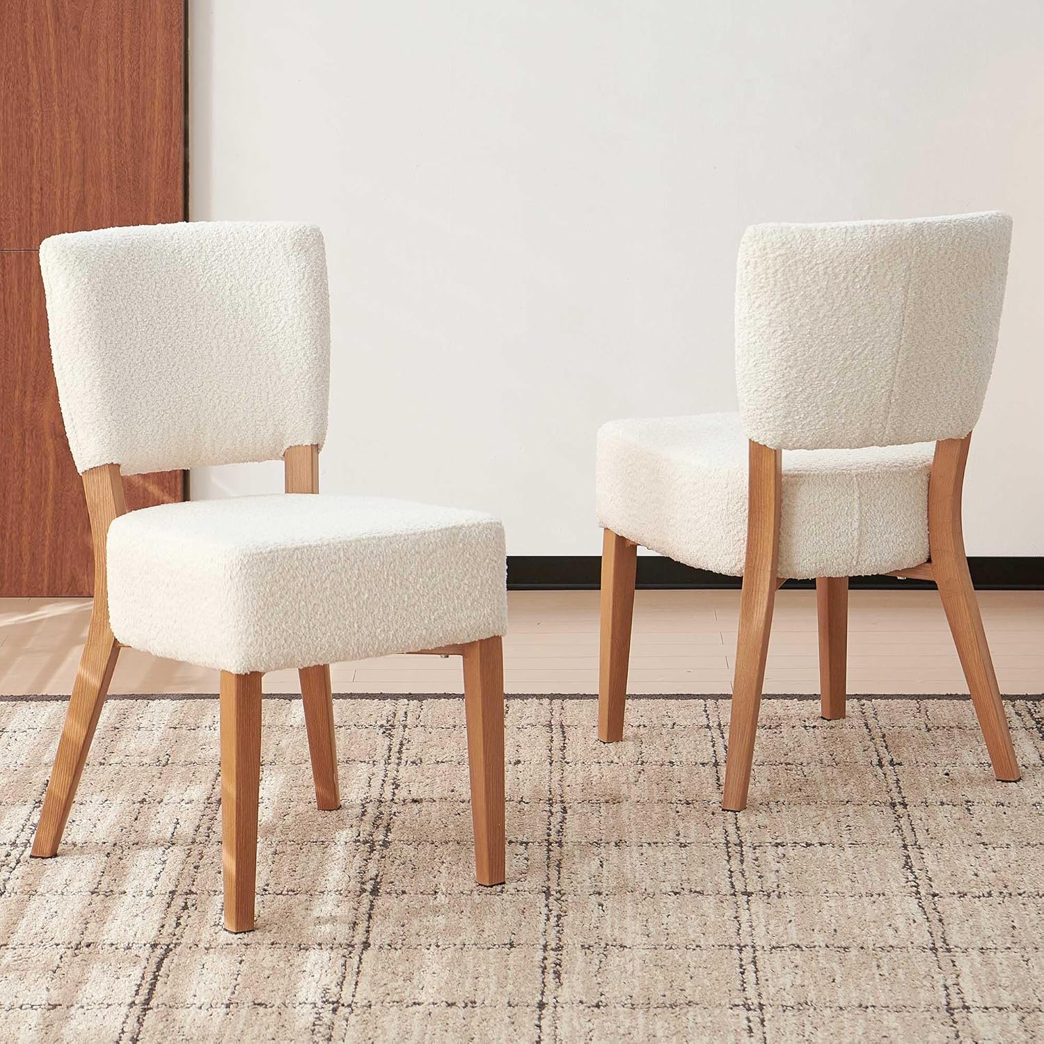Stackable Dining Chairs Set of 2, Modern Fabric Upholstered Kitchen Side Chairs, Mid Century Modern Dining Room Chair with Oak Wood Grain Color Metal Legs for Small Spaces, White