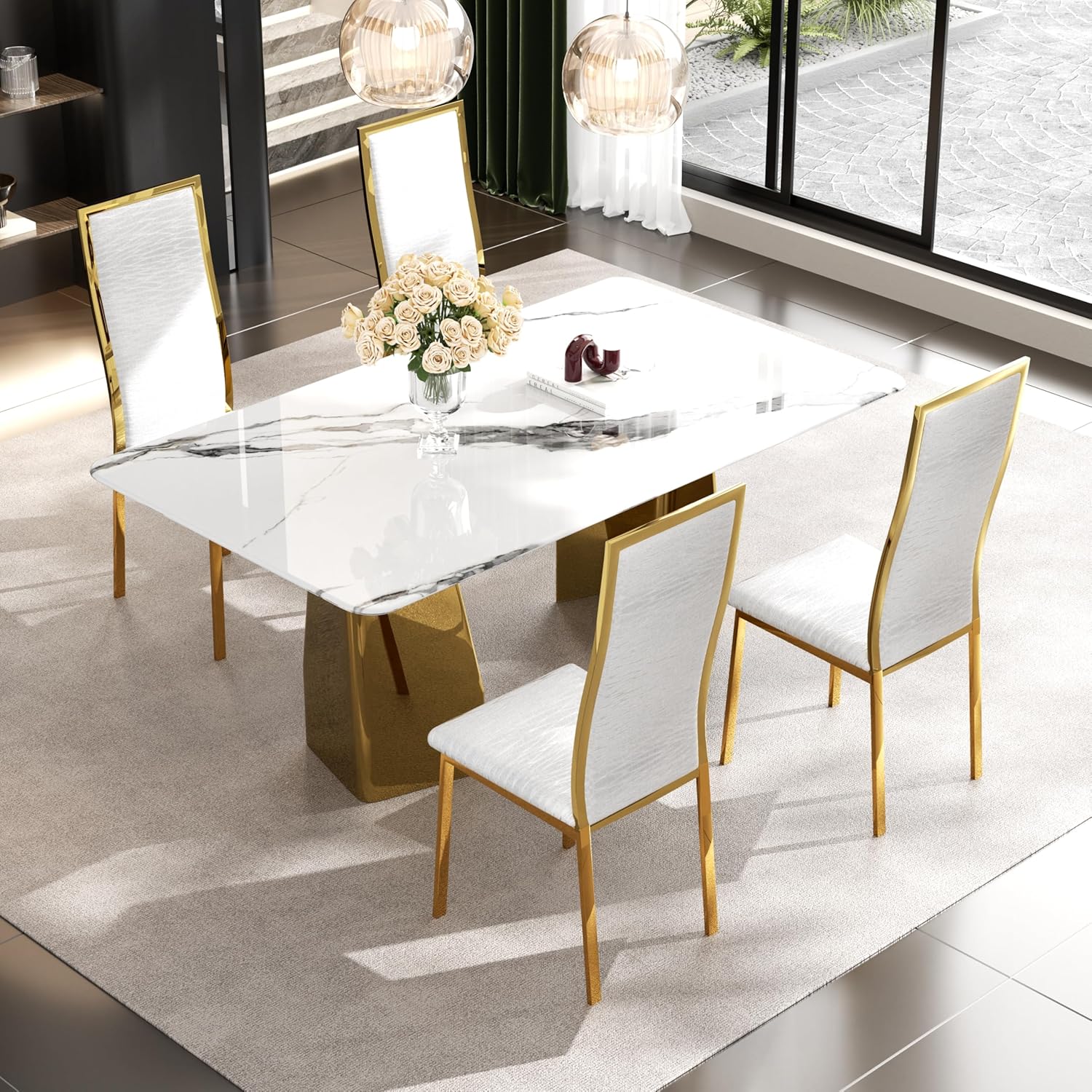 Modern Dining Chairs Set of 4, White Willow Leaf Pattern with Chrome Gold Metal Legs, Curved High Back Design & Cloud Cushioning, Mid-Century Kitchen Chairs with Non-Slip Feet(Easy Assembly)