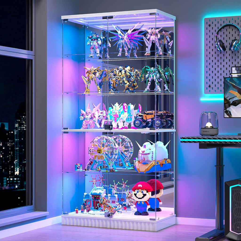 Glass Display Cabinet with Human Body Sensing RGB Lights,5-Tiers Curio Cabinet Display Case with Lock, Frameless Tall Showcase Display Shelf for Collectibles, Living Room Bookcase Storage Cabinet