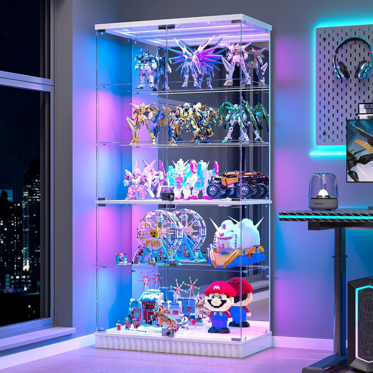 Glass Display Cabinet with Human Body Sensing RGB Lights,5-Tiers Curio Cabinet Display Case with Lock, Frameless Tall Showcase Display Shelf for Collectibles, Living Room Bookcase Storage Cabinet