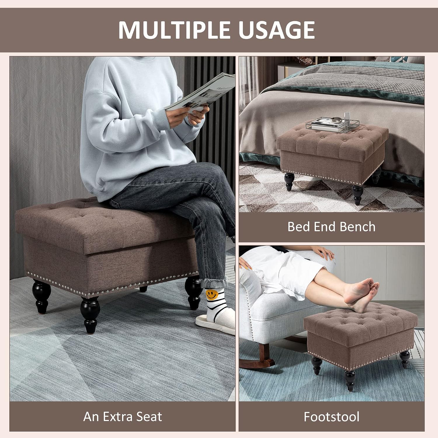 Versatile Upholstered Storage Ottoman with Tufted Lid and Nailhead Trim for Living Room, Bedroom or Entryway