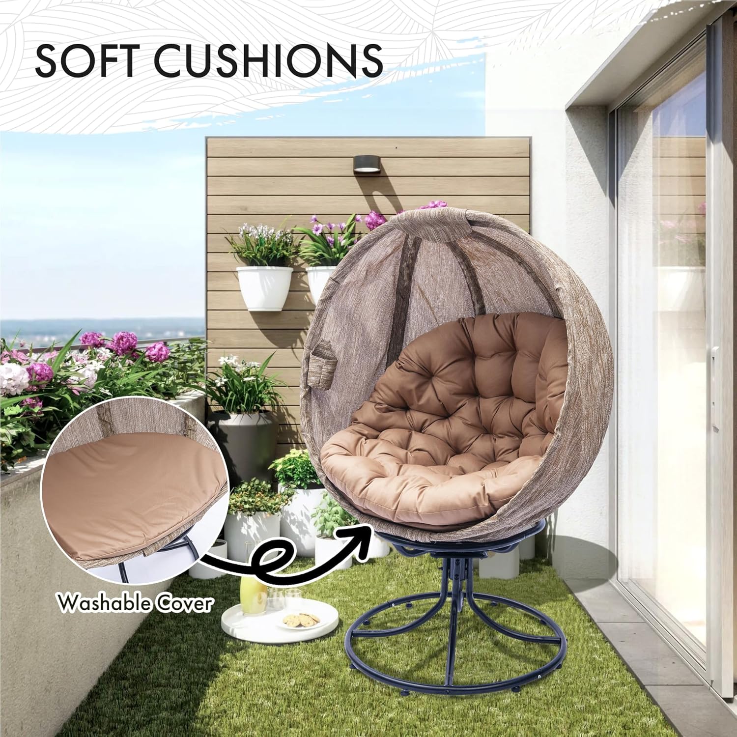 Oversized 360 Swivel Egg Chair - Foldable Rattan Seat w/Cushions, Outdoor Indoor Lounge Chair for Patio, Pool, Balcony & Living Room (Small Leaf Jacquard Khaki-2)