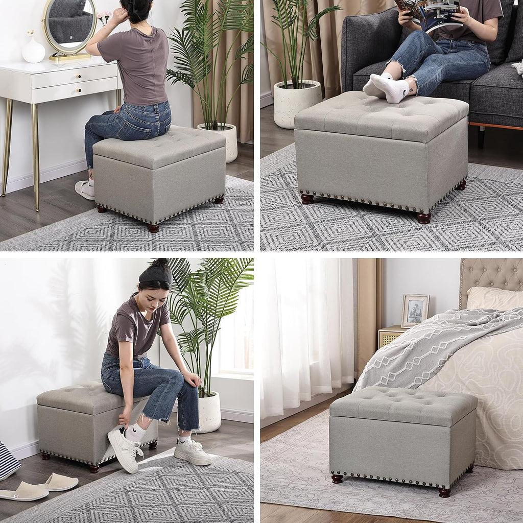 Storage Ottoman, 24" Linen Fabric Rectangle Bench Foot Rest Stool, Fabric Footrest Ottomans with Storage, Storages Seats for Living Room, Bedroom, Office