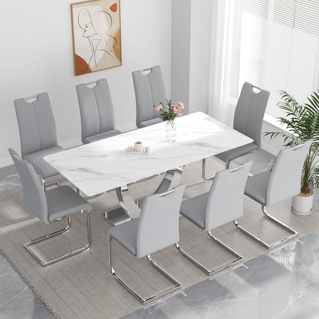 yeag Modern Dining Chairs Set of 4, High Back Kitchen and Kitchen Room Chairs with Silver Metal Chrome Legs and Upholstered PU Faux Leather Seat, Accent Side Chair for Home,Living Room, Gray