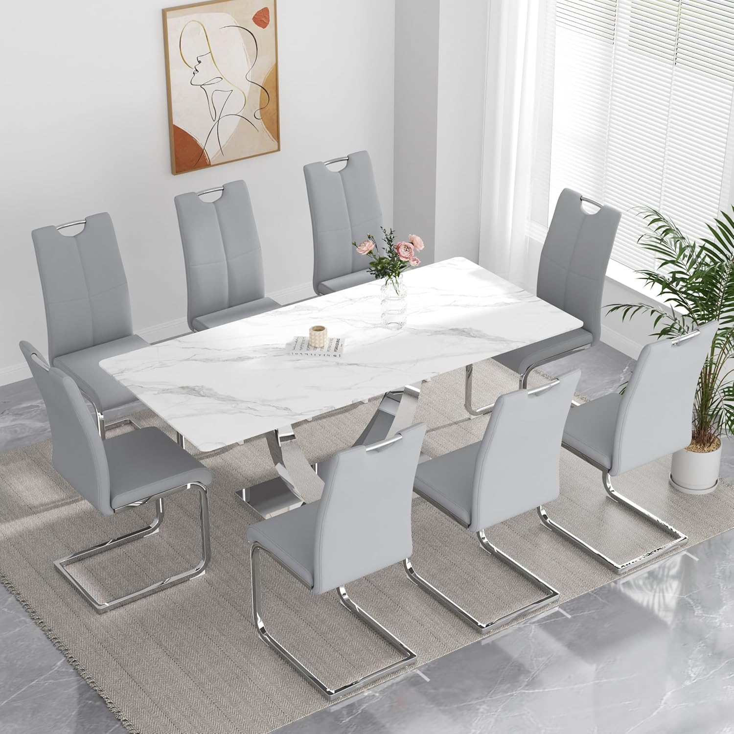 yeag Modern Dining Chairs Set of 4, High Back Kitchen and Kitchen Room Chairs with Silver Metal Chrome Legs and Upholstered PU Faux Leather Seat, Accent Side Chair for Home,Living Room, Gray