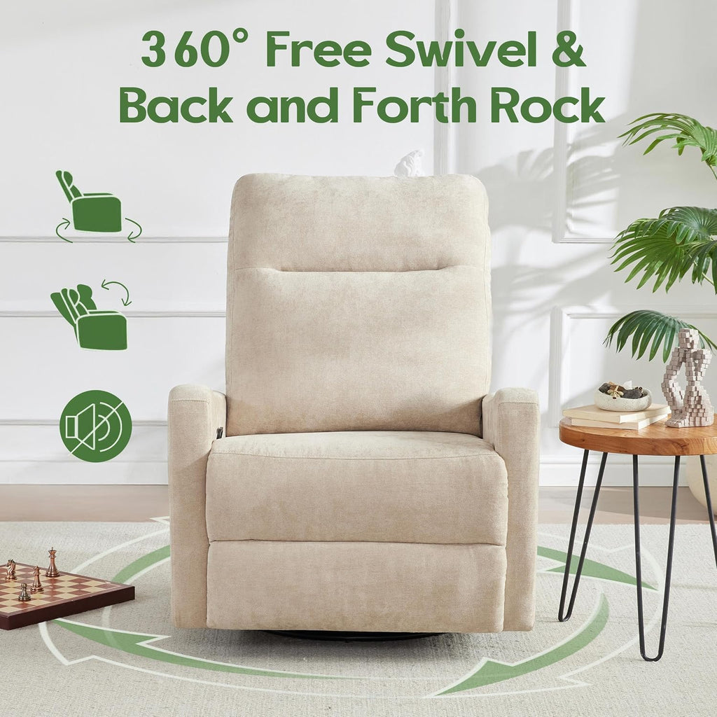 Oversized Swivel Rocking Recliner Chair, Faux Leather Manual Glider Rocker with Side Pockets, 23" Wide Seat Comfy Accent Chair for Nursery, Living Room, Bedroom, RV, Beige