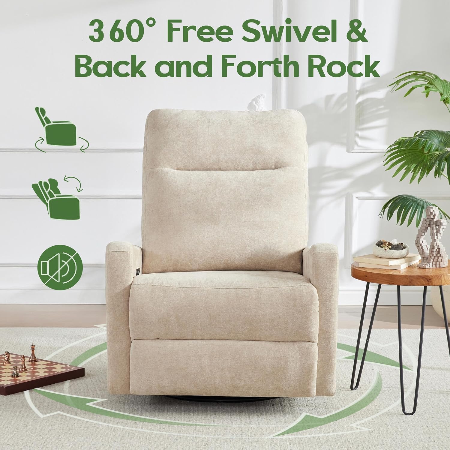 Oversized Swivel Rocking Recliner Chair, Faux Leather Manual Glider Rocker with Side Pockets, 23" Wide Seat Comfy Accent Chair for Nursery, Living Room, Bedroom, RV, Beige
