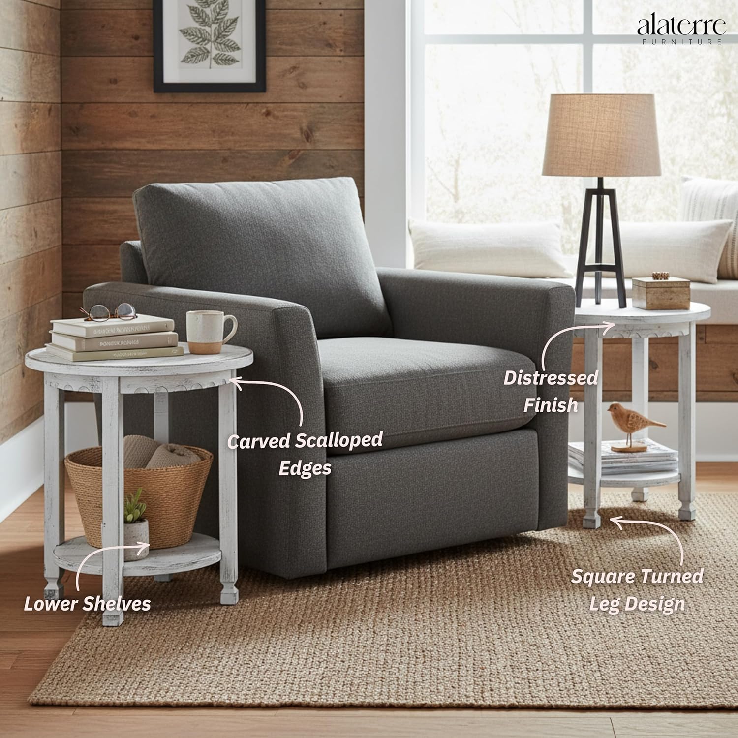 Alaterre Furniture Country Cottage Rustic Farmhouse Nightstand Set of 2-20in Small Round Side Table Set with Storage Shelf - Solid Wood Rustic Nightstands for Living Room or Bedroom (Antique White)