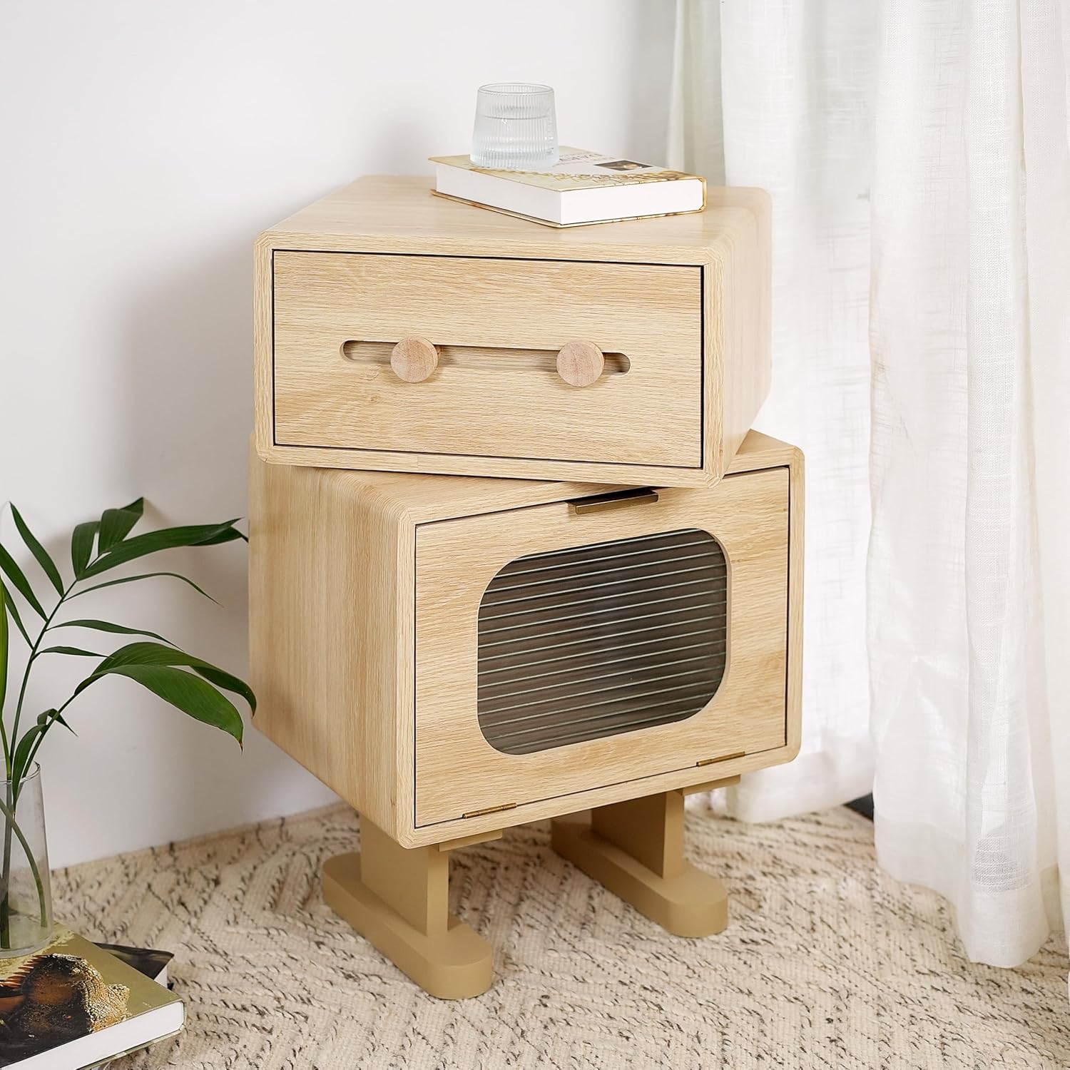 Merax Rotatable Robot End Table with Drawer and Cabinet, Creative MDF Storage Side Table Living Room Office Accent Table Bedroom Nightstand, 16"x12"x26", Natural Color