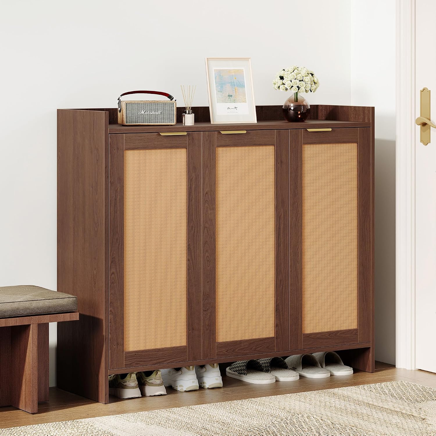 Shoe Cabinet, 41" Tall Rattan Shoe Storage Organizer Cabinet, Adjustable Shelves, 6-Tier Farmhouse Boho Wooden Storage Cabinet for Entryway Hallway Closet Bedroom,Walnut