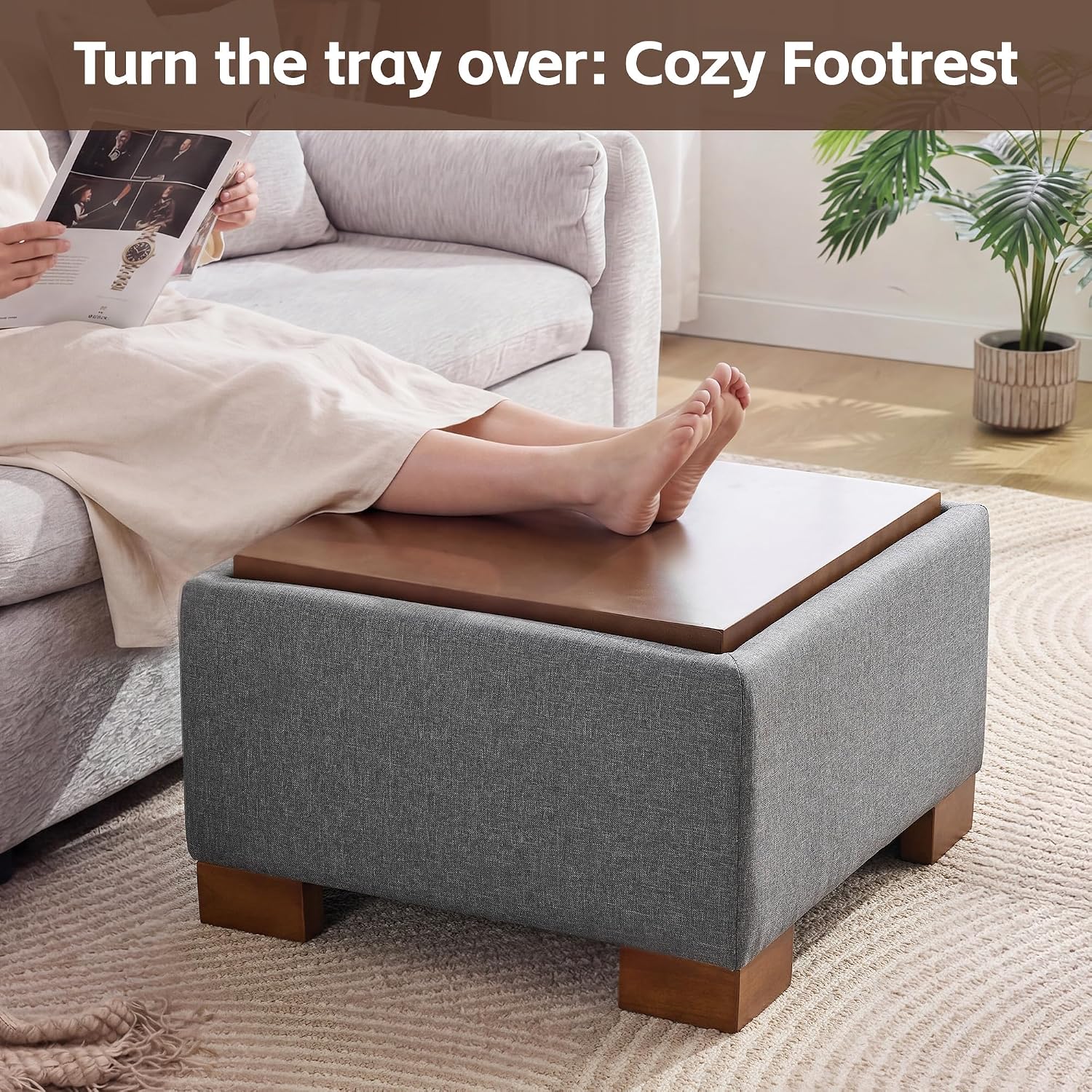 WUTUTUEE 24" Square Ottoman Coffee Table with Storage, Fabric Ottomans with Tray and Solid Wood Legs for Living Room, Bedroom and Apartments, Small Modern Ottoman Tea Table with Lift-Off Lid, Grey