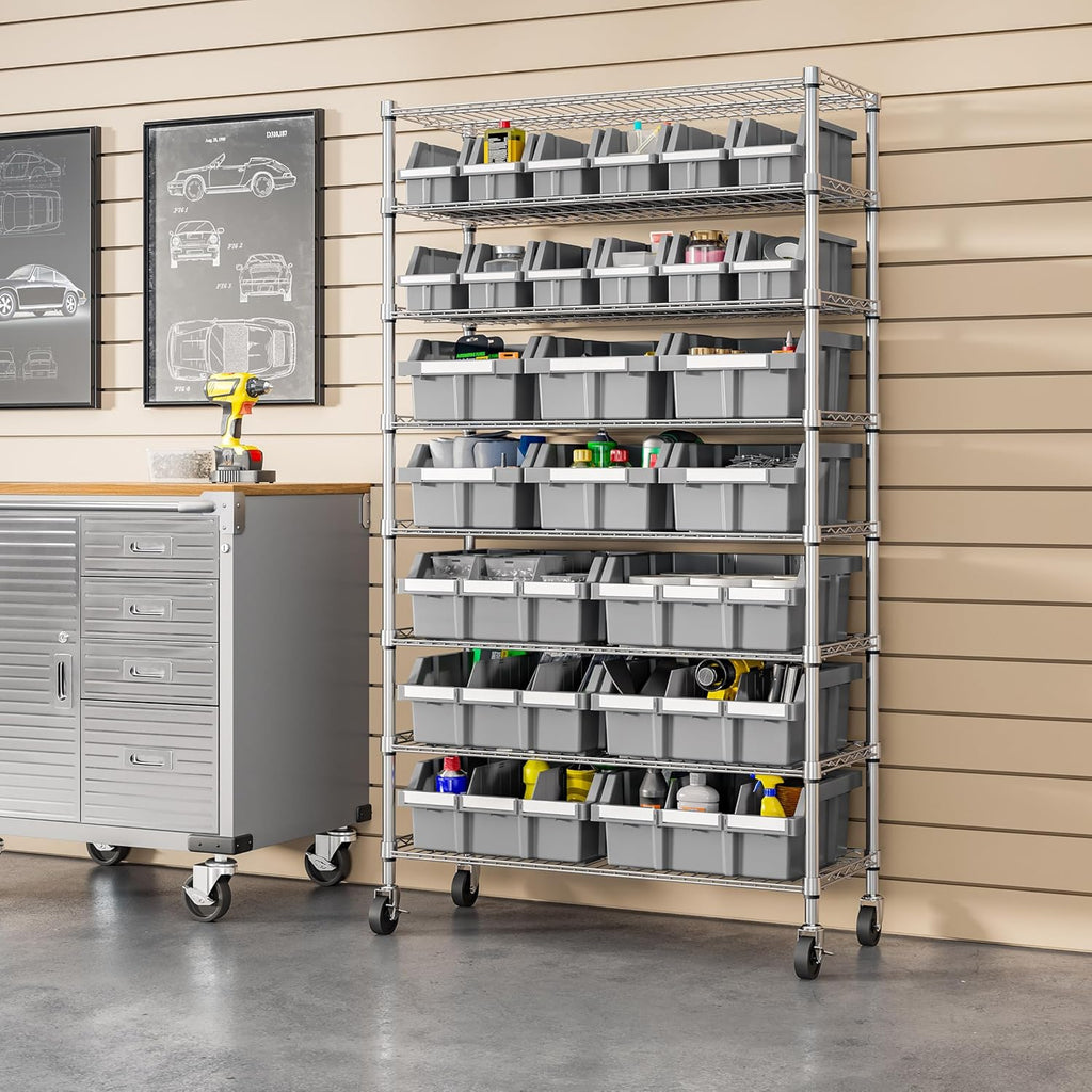 Seville Classics Heavy Duty NSF Bin Rack Solid Steel Wire Shelving Storage Unit, Patented Organizer for Garage, Warehouse, Office, Restaurant, Classroom, Kitchen, Gray, 8-Tier Includes 24 Bins