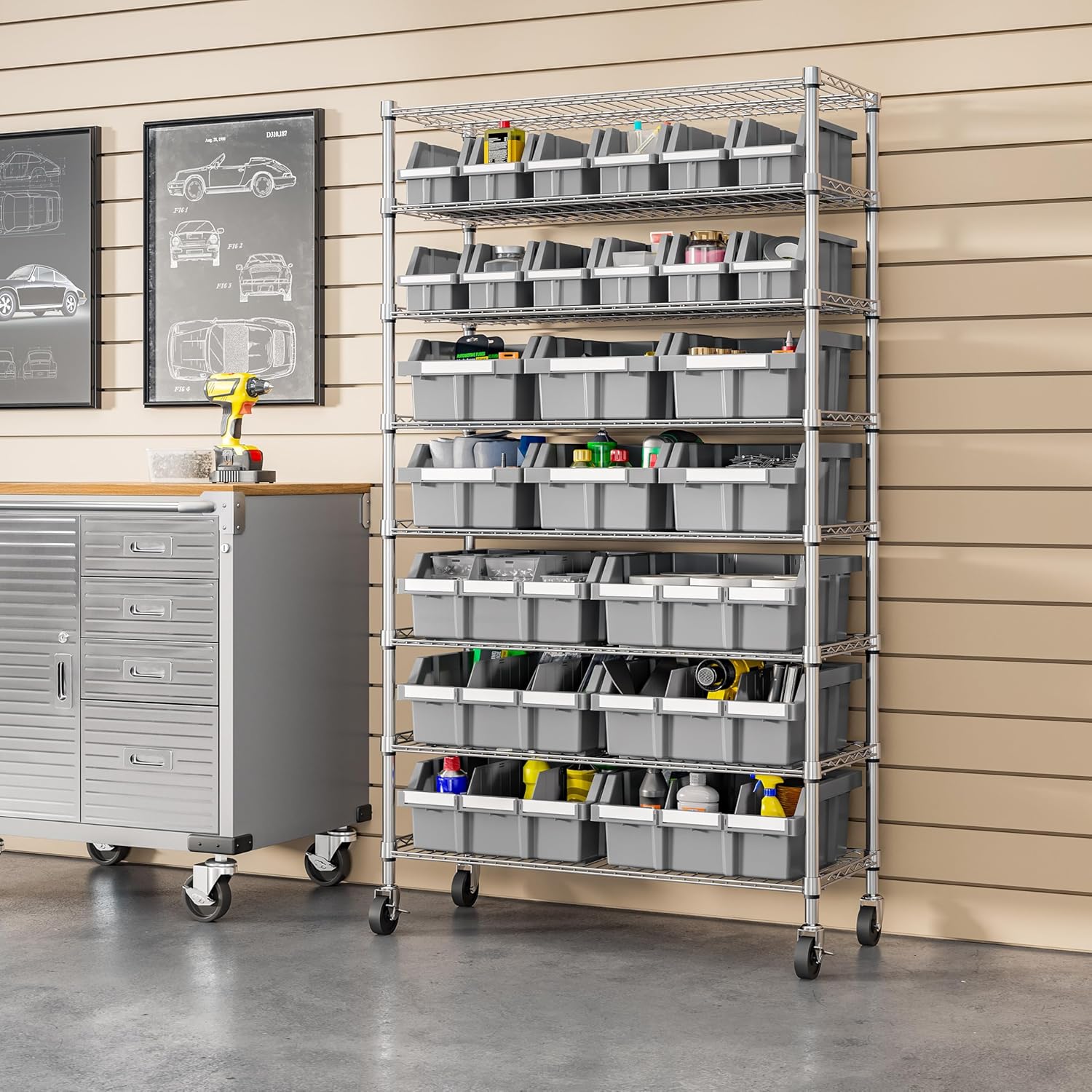 Seville Classics Heavy Duty NSF Bin Rack Solid Steel Wire Shelving Storage Unit, Patented Organizer for Garage, Warehouse, Office, Restaurant, Classroom, Kitchen, Gray, 8-Tier Includes 24 Bins