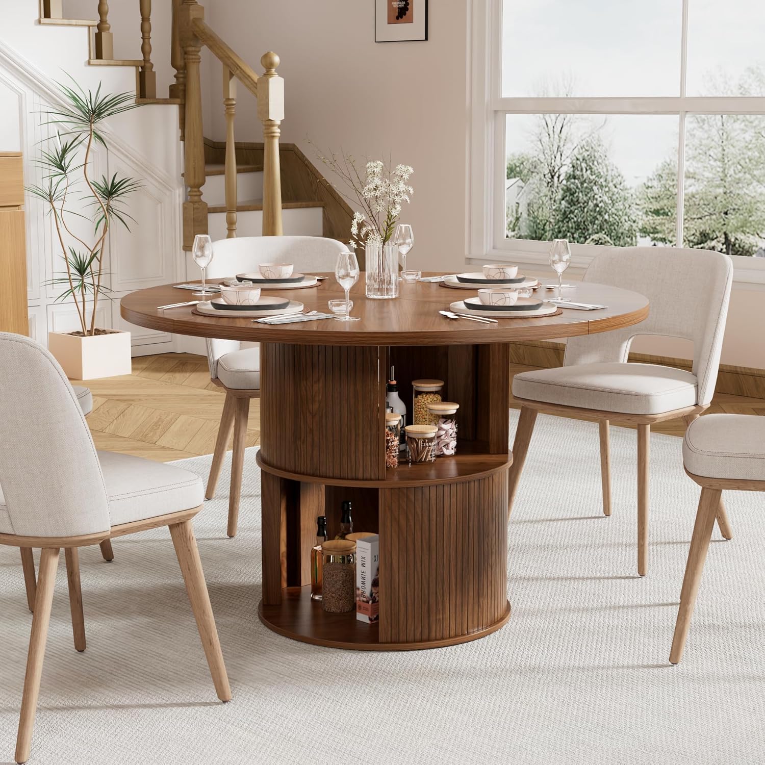 47 inch Round Dining Table for 4, Farmhouse Kitchen Dining Table with 2-Layer Storage Shelf and Fluted Panel, Modern Wooden Dining Room Table for Home, Kitchen, Living Room (Walnut)