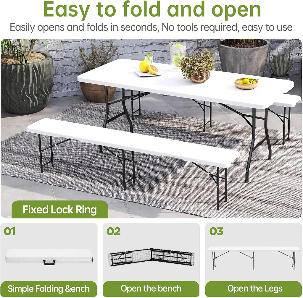Real Relax 6 feet Plastic Folding Bench with Carrying Handle & Lock,Portable in/Outdoor Picnic Party Camping Dining Seat, Garden Soccer Multipurpose Entertaining Activities,Waterproof, 2 Pack, White